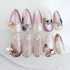 GlamRays 24-Piece Purple Flower Sticker Nails, Medium Almond False Nails with Pearls, White Fine Sand Design, Gold Bow Rhinestones
