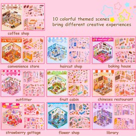 10 Sets DIY 3D House Stickers Kit Non-Toxic & Safe 3D Miniature Scene Therapy for Kids and Adults, Stress Relief Sticker Scenes with Tweezers Creative Fun & Reusable DIY Sticker Therapy Kit for age 3+