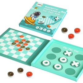 2-in-1 Magnetic Checkers & Tic-Tac-Toe Board Game | Travel Activities for Kids | Foldable Plane and Car Games | Family Fun Travel Essentials for Boy and Girl Over 3 Years