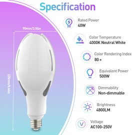 ORALUCE Super Bright LED Light Bulb 40W, ED90 E26 LED Bulb 500W Equivalent, 4000K Neutral White 4800LM, Garage Light Bulb Energy Saving Outdoor for Warehouse Street Yard Factory 1 Pack