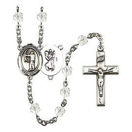 St. Christopher/Archery Silver-Plated Rosary 6mm April Crystal Fire Polished Beads Crucifix Size 1 3/8 x 3/4 medal charm