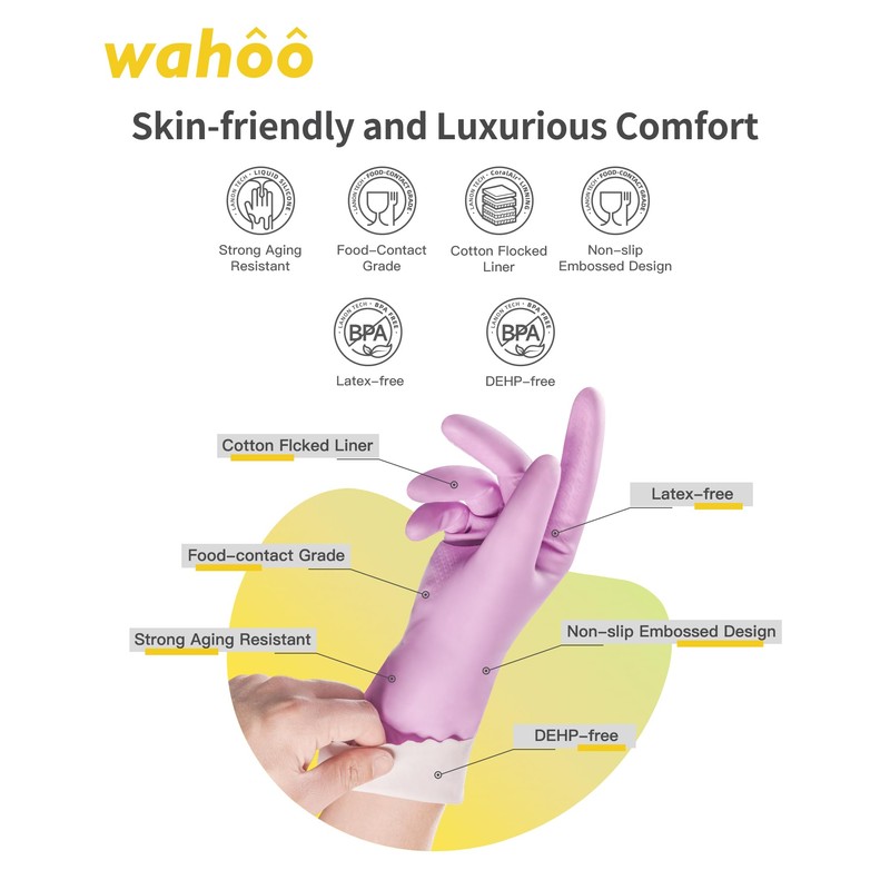 wahoo Skin-Friendly Cleaning Gloves, Reusable Dishwashing Gloves with Flocked Cotton