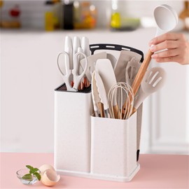 19 Pieces Kitchen Utensil and Knife Set with Block, with 11 Piece Silicone Cooking Utensils, 5 Pcs Sharp Stainless Steel Chef Knives Scissors Whisk Tongs and Cutting Board Beige
