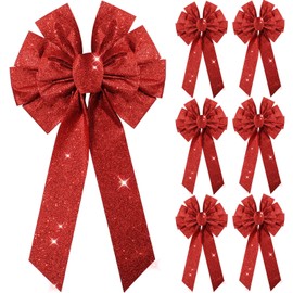 6 Pieces Large Bow Velvet Christmas Bows Hanging Holiday Xmas Bows for Christmas Wreaths Decoration or Tree Toppers Indoor and Outdoor Decor Party Supply, 9.8 x 17.7 Inch (Wine Red Glitter)