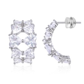 KissYan Hoop Earrings for Women,14K White Gold Plated Open Double Row Cubic Zirconia Chunky Earring, Lightweight Hollow Hypoallergenic Dainty Jewelry Gifts, Brass, Cubic Zirconia