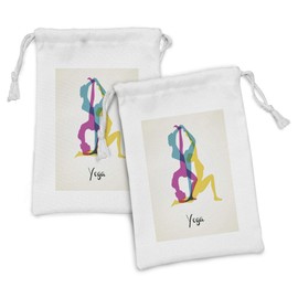 Ambesonne Colorful Fabric Pouch Set of 2, Human Silhouettes and Poses in Energetic Pilates Lady in Gym Fitness, Small Drawstring Bag for Toiletries Masks and Favors, 9" x 6", Yellow Teal and Pink