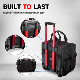 HAUTMEC 14.5" Rolling Tool Bag with Wheels, 25-Pocket Portable Tool Box Organizer with Water-Resistant Oxford Fabric, Wide-Mouth Design, Oversized Wheels & Telescoping Handle - HTTBM25005
