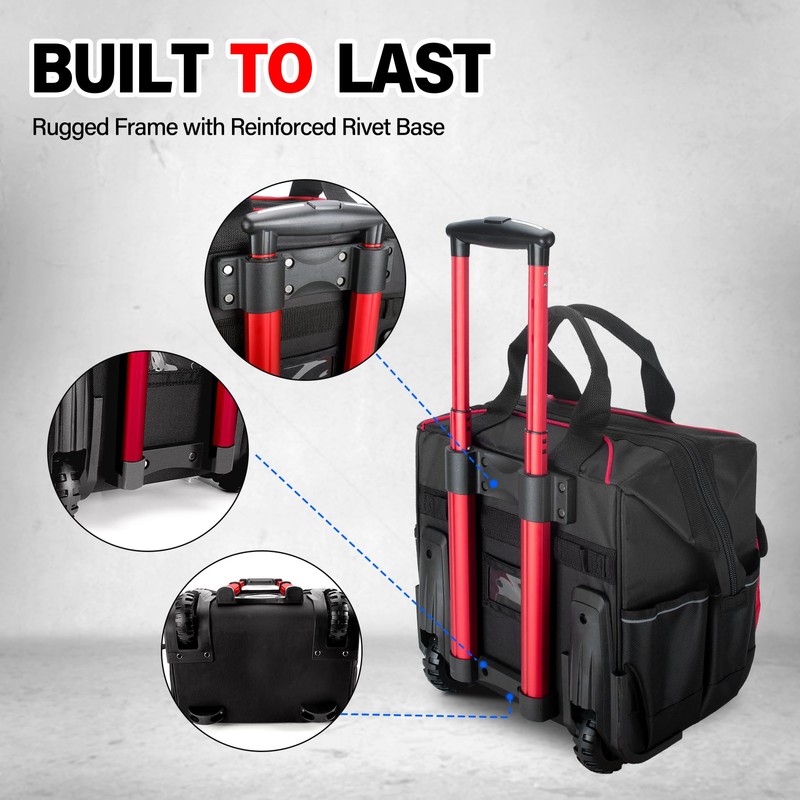 HAUTMEC 14.5" Rolling Tool Bag with Wheels, 25-Pocket Portable Tool