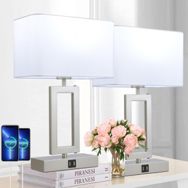 BrightWe Table Lamp Set of 2 Lamps for Bedroom, Touch Control Table Lamps with 2 USB Ports, 3-Way Dimmable Bedside Nightstand Lamps, Silver&White Lamp for End Table Living Room Modern