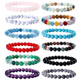 LOLIAS 12 Pcs 8mm Natural Beaded Bracelets for Women Men Natural Crystal Stone Bracelets Stretch Statement Protection Bracelet Charm Beaded Couples Bracelets Jewelry Gifts