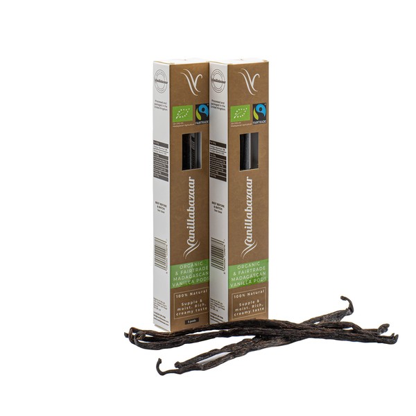 Vanillabazaar Sustainable, Organic & Fairtrade Madagascan Grade A Beans - 10 Bourbon Premium Vanilla Pods in Resealable Tube for Chefs & Home Baking / Cooking - 2 X 5 Pod Tubes