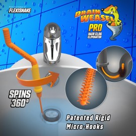 FlexiSnake Pro Drain Weasel Sink Snake Hair Clog Remover Tool, Sink, Pipe, Bathroom, Bathtub Drain Cleaner, 18-inch Long, Flexible, Made in The USA, 10 Pack Reusable Wands and Removable Handle