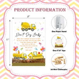 Don't Say Baby Clothespin Game, Construction Truck Baby Shower Game, One 8x11 Sign and 50 Mini Natural Clothespins, Gender Neutral, Baby Shower Decoration - MJZ22