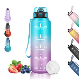 Drinking Bottle 1 5 Litres, Sports Water Bottle, Leak-Proof, with Filter, Gym Drinking Bottle, with Motivational Slogan, Water Bottle for Running, Yoga, Camping, Hiking, Blue/Purple