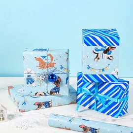 LeZakaa Hanukkah Wrapping Paper Roll, Cute Holiday Dog Print & Blue Stripes Reversible Deign Gift Wrap for Jewish Festival, Kids, Adults, Party, 17 inches x 32.8 Feet