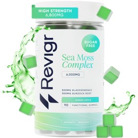 Revigr Revigr, Max 6000mg, 90 Sea Moss Gummies, Added 500mg Bladderwrack & 300mg Burdock Root, Immune & Gut Support, Vegan & Sugar-Free, Green Apple Flavour (1 Month Supply)