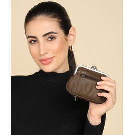 Women's Leather Metal Frame Double Clasp Zipper Coin Purse 5 1/4" x 3 1/4" (Tan)