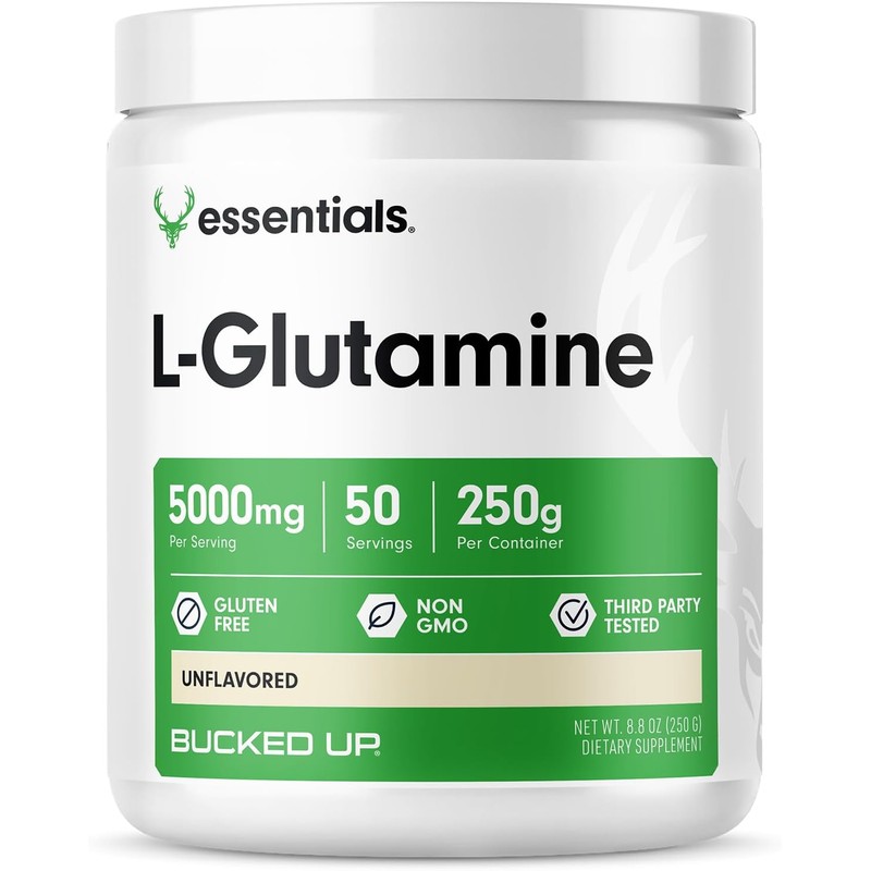 Bucked Up- LGlutamina (5000mg), Esenciales (50 Porciones, 250 Gramos)