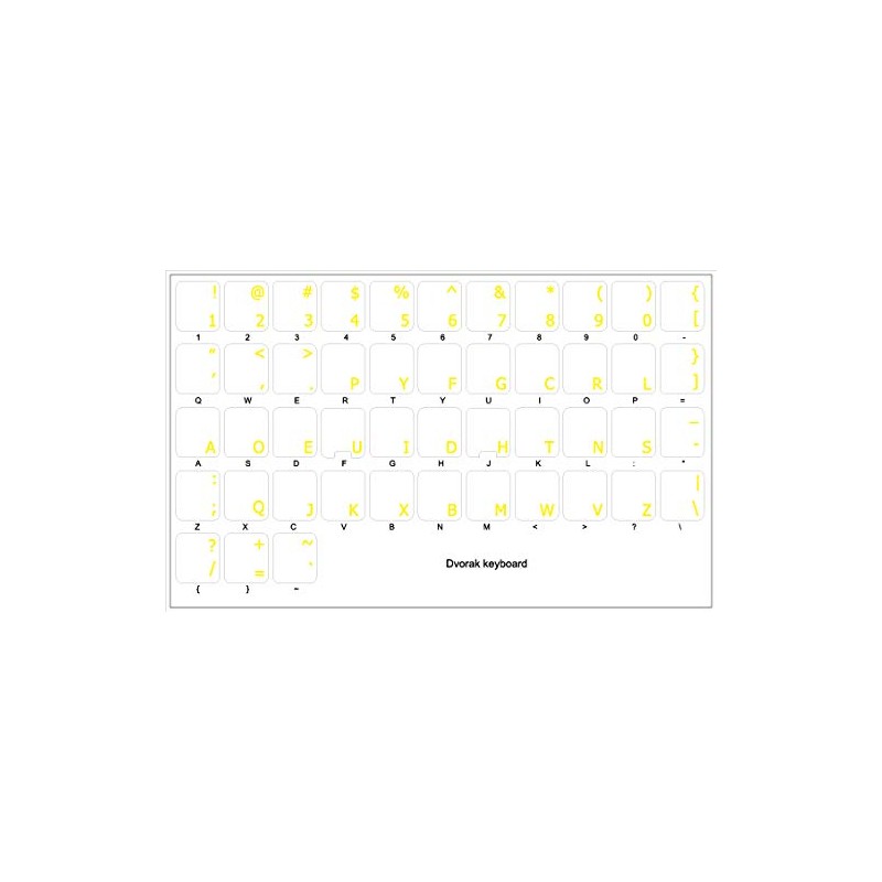 Dvorak Simplified New Keyboard Decals with Yellow Lettering ON Transparent