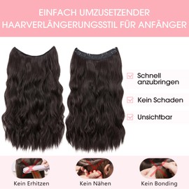 Silk-co Hair Extension with Elastic Band, 40 cm, Long Wavy Extensions with Wire and Clips, Adjustable Secrets Hairpiece, Synthetic Hair Extensions for Women, Dark Brown