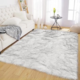 Latepis 6 x 8 Area Rug White with Gray Tips Shag Rug Large Faux Sheepskin Rug for Living Room Bedroom Rug Washable Fur Rug Fluffy Rug Home Decor Rectangle