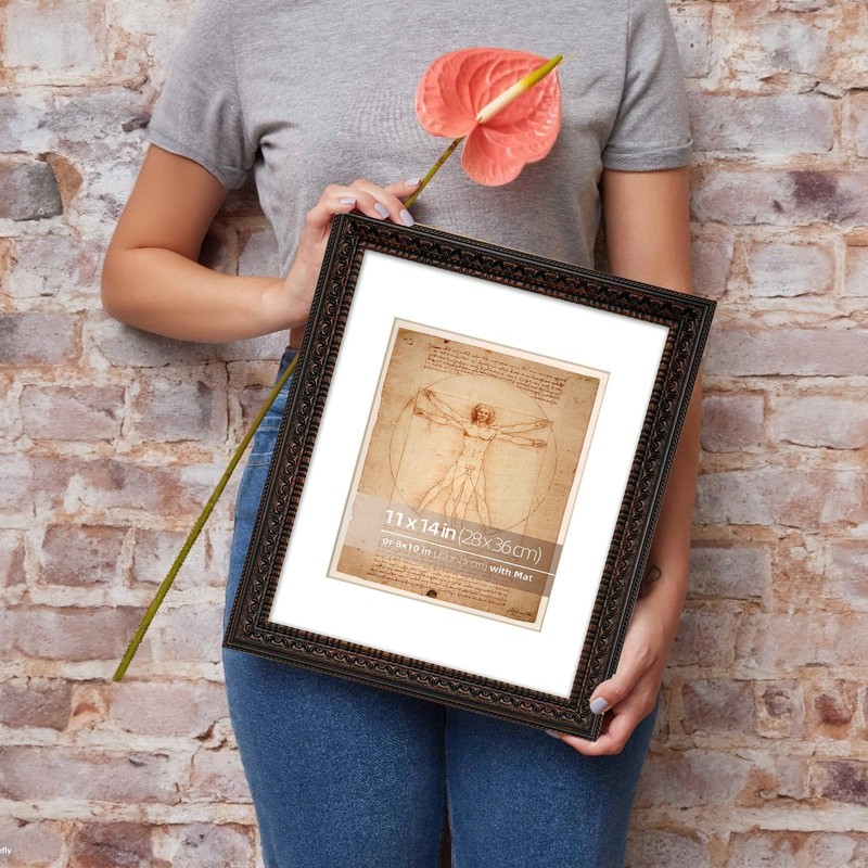 WYNCO 11x14 Rustic Black Ornate Wooden Picture Frame, with Mat