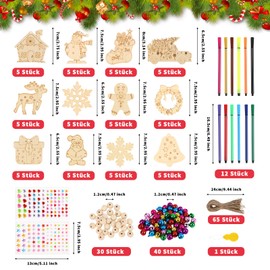 Sweelov Pack of 60 Wooden Pendants Christmas for Painting, 12 Different Shapes, DIY Crafts, Christmas Tree Decorations, Wooden Christmas Tree Decoration, Christmas Tree Hanging Decoration