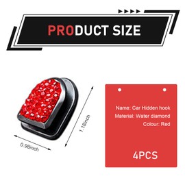 Arwrilt 4 PCS Car Bling Mini Hooks, 0.98" x 1.18" ABS Rhinestone Hanging Auto Storage Hooks, Self-Adhesive Mini Cute Dashboard Hanging Hooks, Universal Interior Decor for Most Cars, Families (Red)