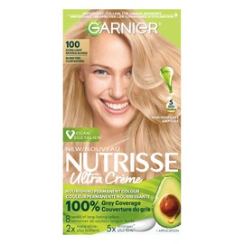 Garnier Nutrisse Ultra Crème, Permanent Hair Dye, 100% Grey Coverage, Vegan Formula, Nourished Hair, Long-Lasting Rich Colour, Protects Hair Against Dryness, 100 Extra Light Natural Blonde, 1 Application