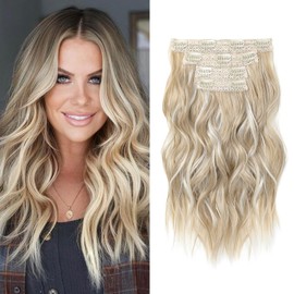 NTYNTY Hair Extensions, 14" Short Clip in Hair Extensions 4PCS Beach Wave Blonde Natural Soft Synthetic Hairpiece for Women - Ash Blonde with Highlights