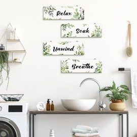 decalmile 4 Pieces Green Leaves Wooden Wall Art Relax Soak Wood Wall Hangings Plants Wooden Plaque Bedroom Living Room Bathroom Wall Decor