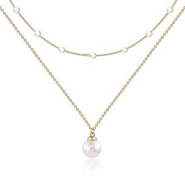 IKOPFLN Pearl Necklace for Women, 14K Gold-Plated Necklace, Layered Freshwater Pearl Necklaces, Trendy, Simple Herringbone Chain, Pearl Necklace for Women and Girls, Jewellery Gifts, AB