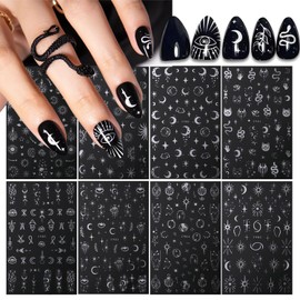 8 Sheets Metallic Nail Art Stickers Decals Silver Moon Star Sun Nail Stickers Eye Snake Nail Decals 3D Self-Adhesive Luxury Nail Art Design Stickers for Women Girls DIY Manicure Decoration Accessories