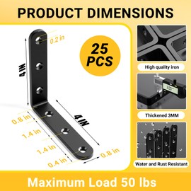 25Pcs Black Angle Brackets, 4”x 4” Heavy Duty Corner Brace, Metal Corner Brackets for Wood , 3MM 90 Degree Joint Hardware, 4inch Mounting Bracket for Wooden Furniture Cabinet Chairs Bookshelf