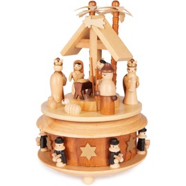 BRUBAKER Wooden Music Box - Nativity Scene with Jesus, Mary and Joseph - Melody: Silent Night - 19 cm Music Box Christmas - Music Box Carousel with Star of Bethlehem and Sternsinger - Brown Natural