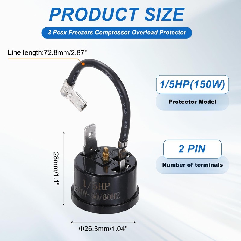 sourcing map 3pcs 1/5HP(150w) Refrigerator Overload Protector, 2 Pin Freezers
