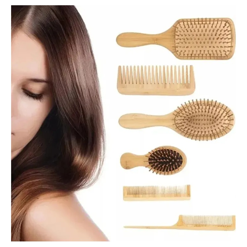 Kit De Cepillo Y Peine De Bambú Anti Frizz, 6