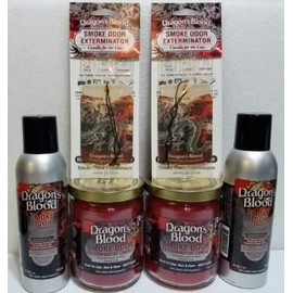 Smoke odor Exterminator Dragon's Blood, Includes Two 13 oz Jar Candle Two 7 oz Spray & Two Car Hangers All in One Bundle