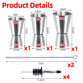 Cocktail Messbecher 3 Stück, Edelstahl Messbecher Cocktail, Barmaß, 3cl/4cl/5cl/6cl Doppelmass Jigger Cocktail mit 4 Stück Flaschenausgießer & 2 Pinseln, für Bar Party Wein Drink Shaker