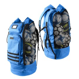 Fitdom Heavy Duty XL Soccer Mesh Equipment Ball Bag w/Adjustable Backpack Shoulder Strap Design for Coach. 2 Different Size Front Pockets for Sporting Accessories. (Sky Blue)