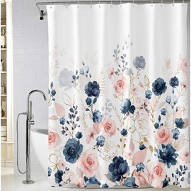 BIVINAR Long Navy Blue and Pink Roses Floral Shower Curtain 72 x 78 Inch, Waterproof Fabric Watercolor Flowers Bathroom Shower Curtain with 12 Hooks