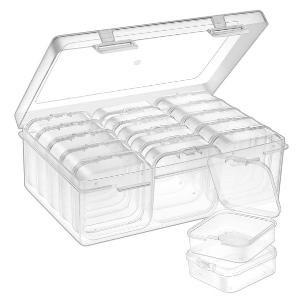 EPINGBP Pack of 16 Small Storage Boxes, Storage Boxes with Lid, Robust Organiser Box, Transparent Box, Small Box, for Accessories, Earrings, Rings, Necklaces, Threads, Beads