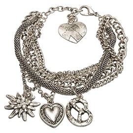 Alpenflüstern DAB044 Traditional Costume Bracelet with Pendant Rhinestone Edelweiss Traditional Heart and Rhinestone Pretzel Women's Costume Jewellery Antique Silver Colours, 15% metal alloy, 75%
