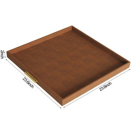 HofferRuffer Extra Large Square Serving Tray, Elegant Faux Leather Ottoman Tray with Gold Hardware Handles, Serve Tea, Coffee or Breakfast in Bed, 24 x 24 inches (Brown Shagreen)