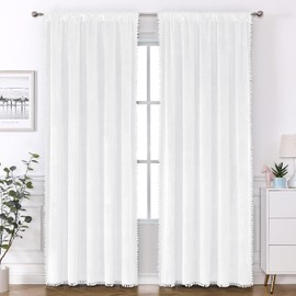 VANASEE Pompom Velvet Curtains for Bedroom Rod Pocket 52x84 inch Soft Blackout Window Curtains Room Darkening Drape Light Blocking for Living Room 2 Panels,Bleach