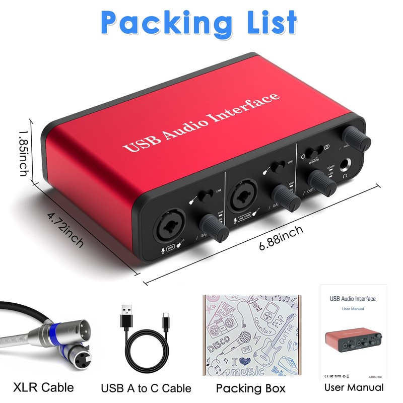 2i2 USB Audio Interface – 24Bit/192kHz Studio Recording, 48V Phantom