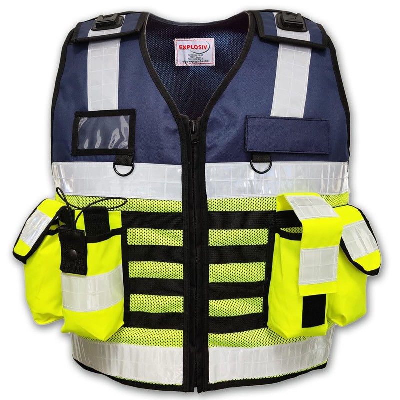 EXPLOSIV Reflective Multi-Pocket Security Vest, Size M-2XL (Adjustable), Navy-Yellow, emergency