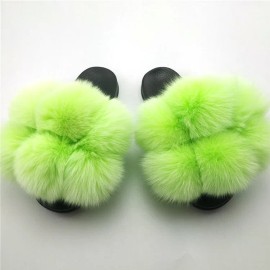 2027 NEW KJ Colorful Ladies Slippers Fluffy Sexy Slippers for Women Flat Home Woman's Indoor Warm Furry ShoesColor: Green, US Size: 11