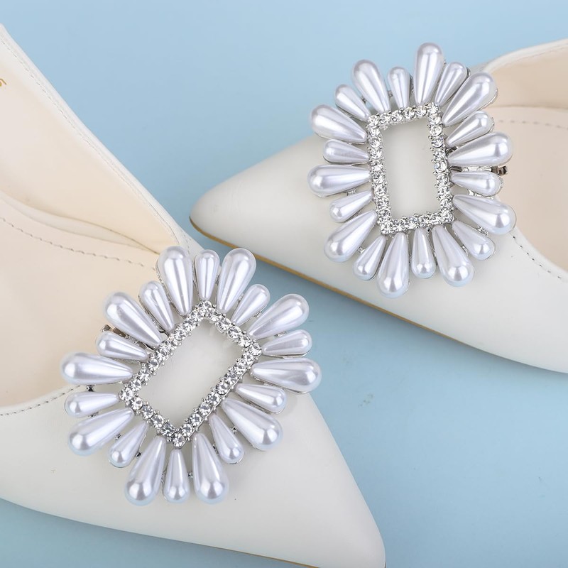 Xerling 1 Pair Faux Pearl Shoe Clips Detachable Geometric Square