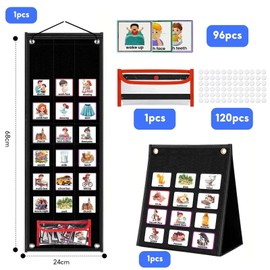 Visual Timetable, Children Visual Daily Routine Chart with 96 Picture Cards, Visual Now and Next Board Learning Aid Tool to Support Communication, Routine and Transition(Black)